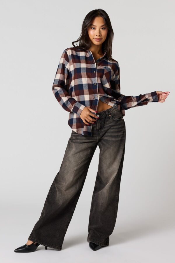 Haut boutonné à manche longue en flanelle à carreaux