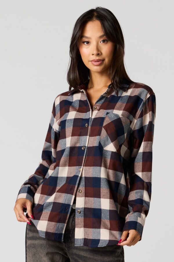 Haut boutonné à manche longue en flanelle à carreaux
