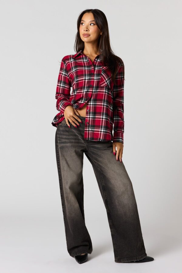 Haut boutonné à manche longue en flanelle à carreaux