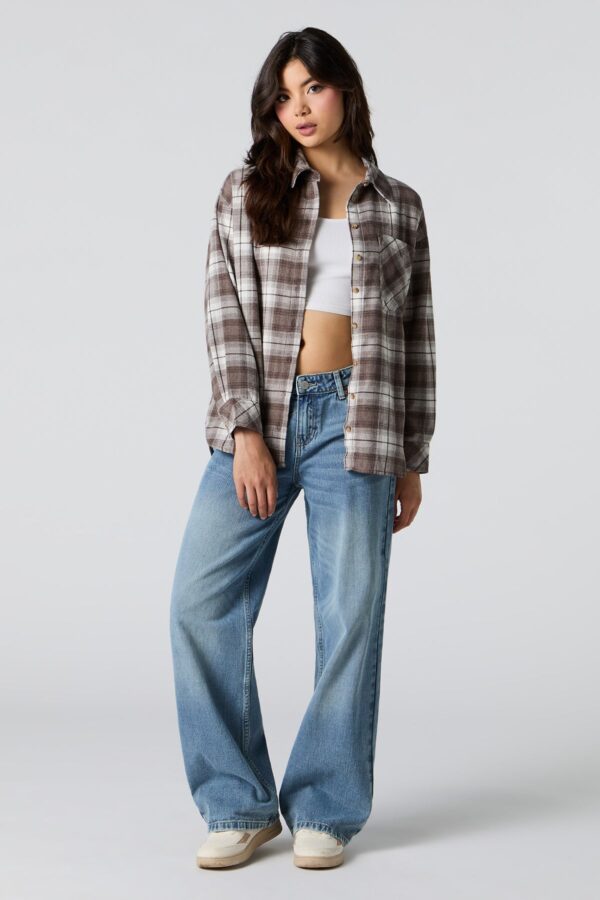 Chemise boutonné à manche longue en flanelle carreaux