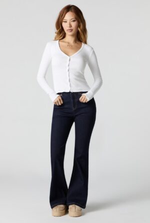 Screenshot Jean extensible à taille haute et jambe évasé bleu