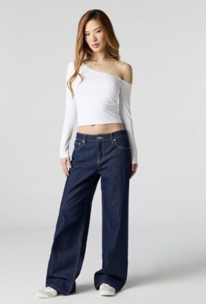 Jean extensible delavé foncé à jambe large