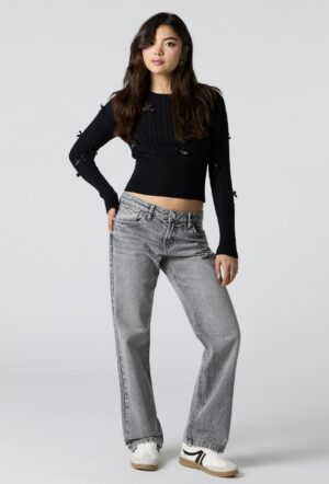 Jean rigide à taille basse et jambe droite Lavé gris