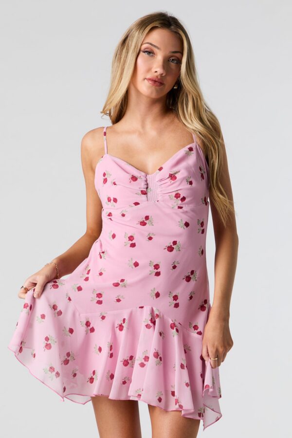 Robe courte à fleurs – Bretelles fines et ourlet volanté Rose